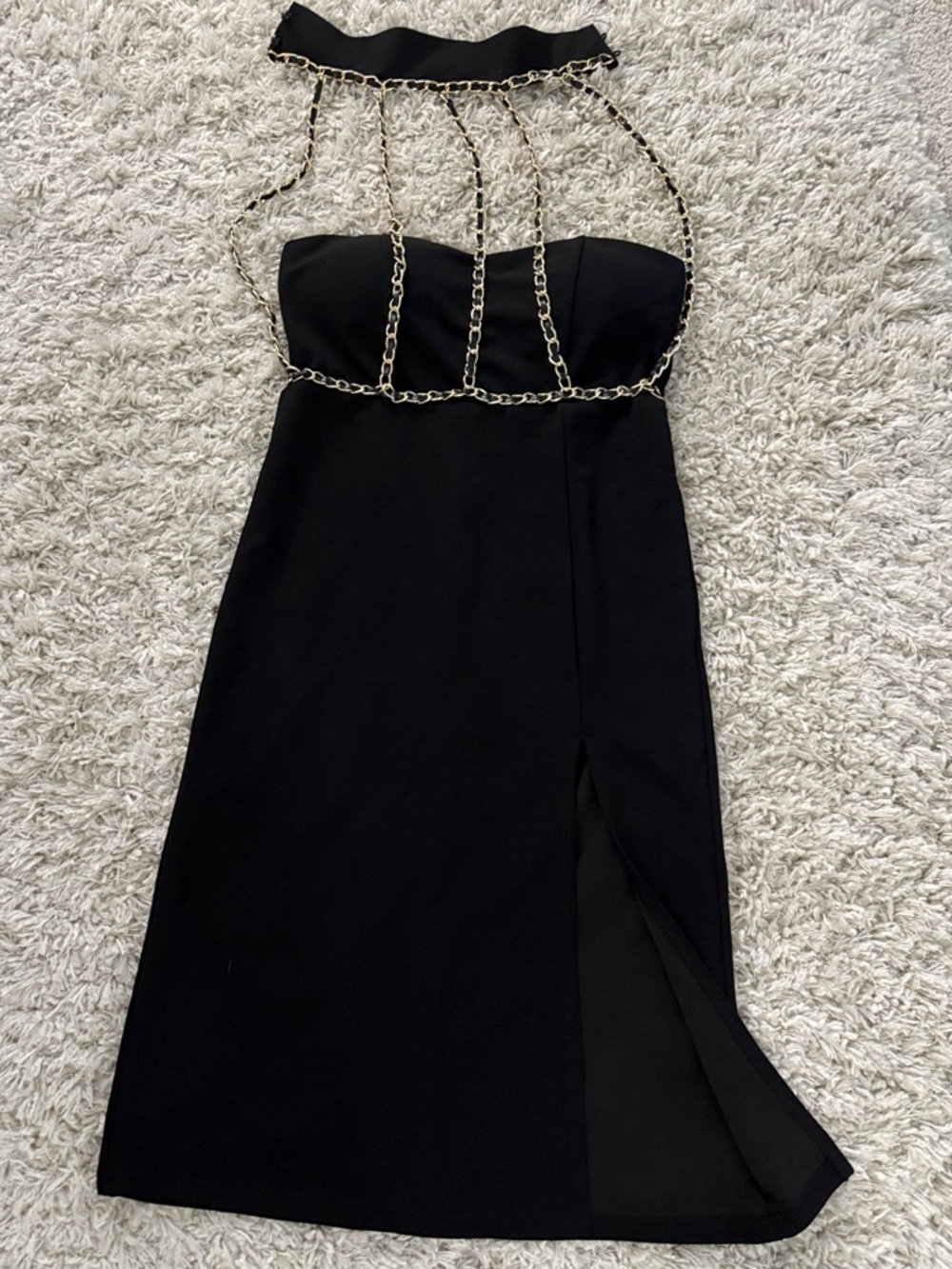 Fashion Nova Black Strapless Midi Dress with Gold Chain Detail